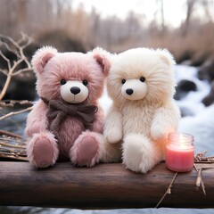 Wall Mural -   two white teddy bears while sitting in a romantic environment,Valentines Day, Propose day,  Valentines Day date. 