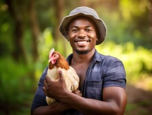 African Farmer Man, Chicken And Portrait Outdoor In Field, Healthy Animal Or Sustainable Care For Livestock At Agro Job. Poultry Entrepreneur, Smile And Bird In Nature, Countryside Or Agriculture
