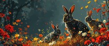 Pastel Rabbits In Spring Field. Easter Bunny’s Sitting By Easter Eggs. Easter Wildlife.