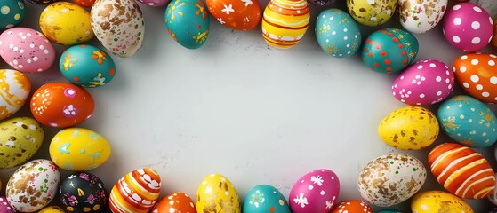 Easter banner with colorful eggs. Top view of easter eggs with copy space for text.