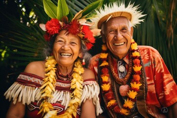 Wall Mural - Portrait of a happy elderly couple on vacation in national costumes. Journey