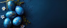 Coloured Blue Eggs. Blue Easter Eggs. Easter Eggs On Blue Background With Copy Space For Text.