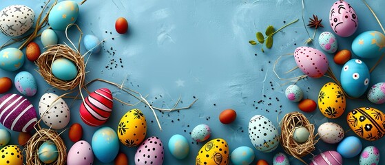 Happy Easter concept with easter eggs in nest. Easter background with spring flowers and copy space.