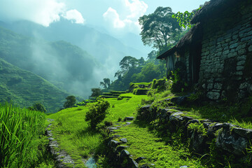 Wall Mural - highland tropical mountain rural landscape with terraced fields