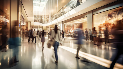 Motion blur of people bustling in a shopping mall. Ai generate.