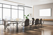 Modern conference room interior with empty white mock up banner on wall, wooden flooring, negotiations furniture and panoramic window with city view. 3D Rendering.