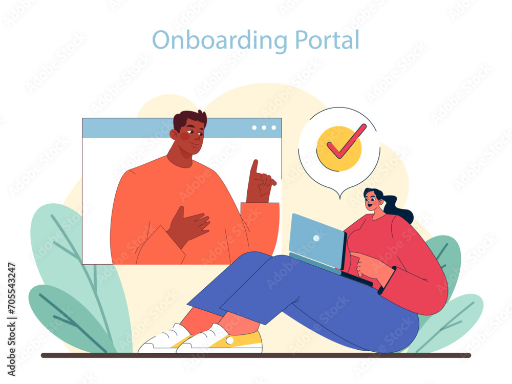 Extra Session Vector Onboarding Portal concept. Virtual guidance for new hires with ...