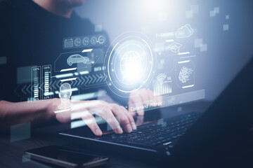 Programmer people working laptops or smartphones with AI, artificial intelligence software engineer coding on laptop computers with technology icons and binary code, big data, Ai bot digital machine
