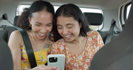 Poster - Woman, friends and phone on road trip with laugh, meme or smile with funny video, adventure or car. Girl, together and reading with blog, journey or holiday with comic video on web in transportation