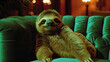 A sloth relaxes on a couch with a content expression, providing a humorous twist on leisure and comfort in an unnatural setting for the creature.
