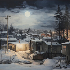 Canvas Print - Drawing of a night winter street with houses
