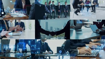 Fototapete - Collage of various business scene scenes and digital technology concept. Management strategy.
