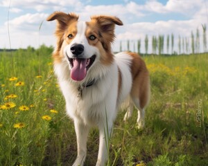 Dog standing in a green field, animal photography pics