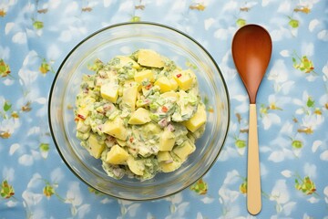Wall Mural - top view of potato salad in glass bowl with serving spoon
