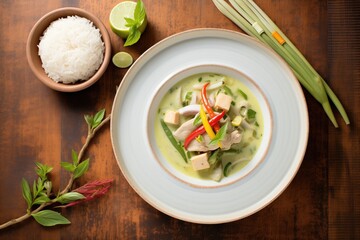 Wall Mural - green curry served with jasmine rice on a plate