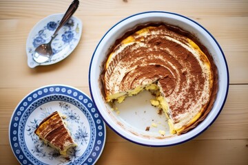 Poster - high angle of a tiramisu pie with a slice cut out