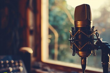 Warm-toned podcast studio microphone in focus with a blurred forest backdrop through a sunlit window