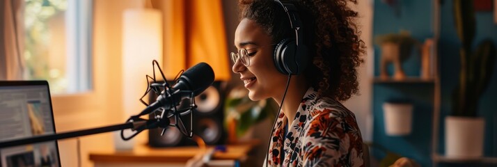 Cheerful podcaster speaking into a microphone in a warm, plant-filled room, home recording setup