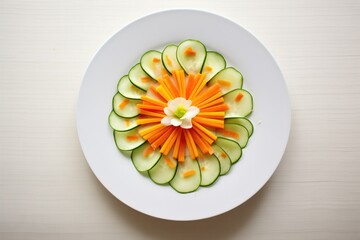 Wall Mural - sliced carrots & cucumbers on a circular white plate