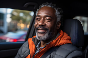 A man 40 or 50 years old sitting in the car and smiling, wearing casual attire jacket. Copy space. Middle-Aged Courier in the Cabin, Professionally Navigating Transportation