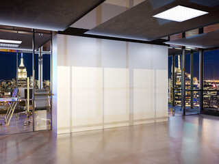 Wall Mural - Blank wall Mockup in bright office with windows. Company interior at night 3D rendering