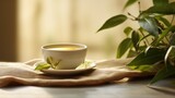 Fototapeta Kuchnia - Peaceful tea cup surrounded by green leaves in a serene morning light setting.
