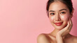 © Farid - High-quality crop photo of skincare and cosmetics concept with copy space for text. Woman with beautiful face touching healthy facial skin portrait.  Made with generative ai