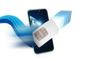Wall Mural - fast internet connection. sim card flying out of smartphone on white background