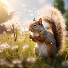 Wall Mural - A funny squirrel sits on a field next to dandelions
