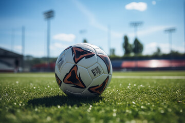 Soccer ball on a lawn. Football match. Ball in a football stadium. Football picture. AI.