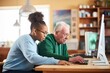 © OMD - young adult helping a senior with computer skills on a desktop