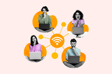 Horizontal photo collage of young people team students friends communicating through internet devices isolated on pale pink background