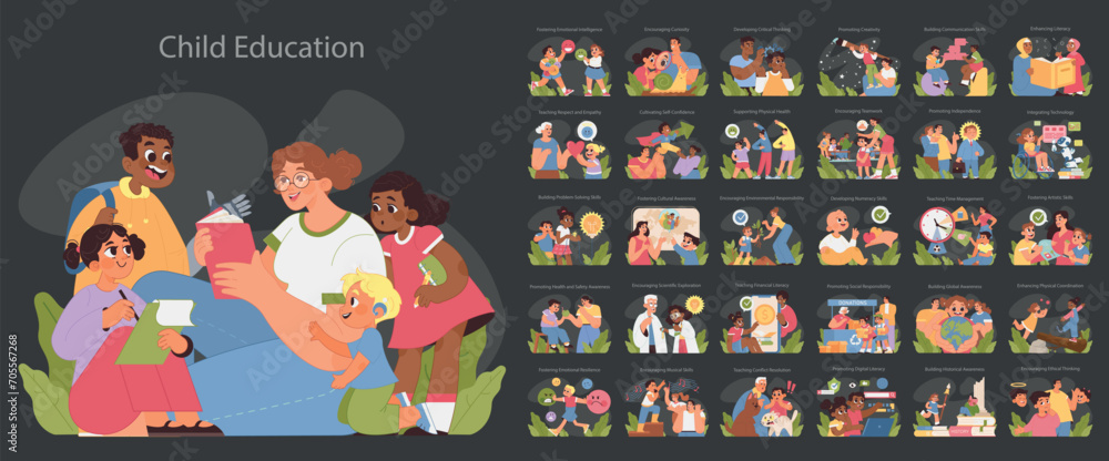 Child education big set. Diverse activities shaping children skills and ...