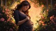 Pregnant woman holds her belly surrounded dreamlike flowers arch exudes joy of motherhood, radiating tenderness and femininity, profound connection between mother and her unborn child