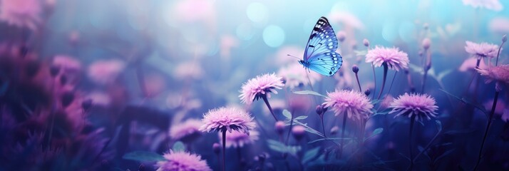 fluttering blue butterfly and purple wildflowers on the field in sunlight. floral spring concept for