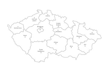  Czech Republic outline map with regions border and big cities isolated on white. Administrative division of thin black line contour. Vector for banner background design, czech events illustration.