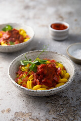 Canvas Print - Pasta with smoked sausage and tomato sauce