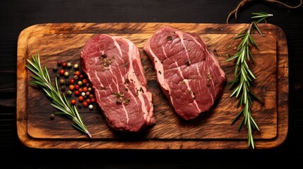 Top view flat lay two slices of beef raw fillet on a wooden board.