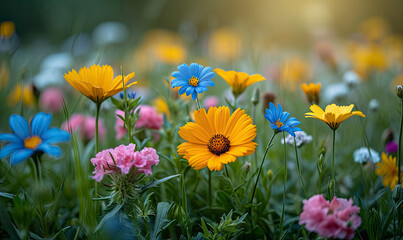 Wall Mural - Beautiful summer natural background with colorfull flowers daisies, clovers and dandelions in grass against of dawn morning.