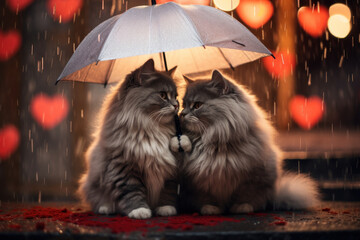 Wall Mural - Two fluffy and cute kitties, with loving gazes, sit outdoors under a sparkling umbrella.