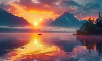 Wall Mural - vibrant sunset over a serene lake, with colorful reflections shimmering on the water.