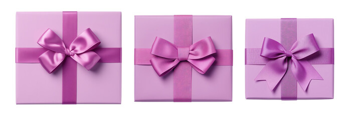 Wall Mural - Purple Gift box with purple satin ribbon. Top down view. Transparent background. PNG. Generative AI