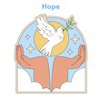 Hope concept illustration. Open hands releasing a dove, the universal symbol of peace and goodwill, against a dawn sky. Emblematic of spiritual freedom and faith. Flat vector illustration