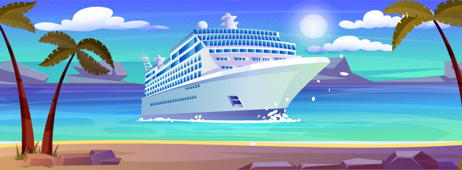 Summer cruise travel, sea liner, holiday vacation journey, tourist recreation, nautical voyage, cartoon sky, island coast with palm, summertime luxury resort. Vector illustration