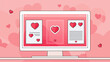 Valentine's Day computer screen with hearts and dating pages. Flat line art vector illustration.
