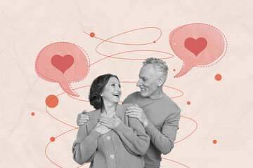 Wall Mural - Horizontal lovely photo collage of elderly senior married couple hug cuddle and talk sweet love heart like happiness smile on drawing background