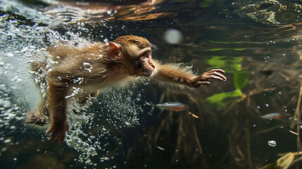 Wall Mural - Close ups of monkeys diving in water