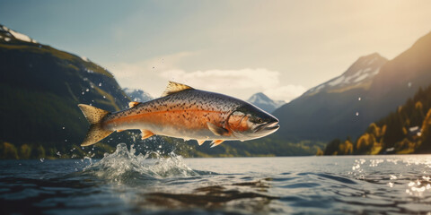 A large trout or salmon jumps out of the water of a sea bay with mountains in the background.