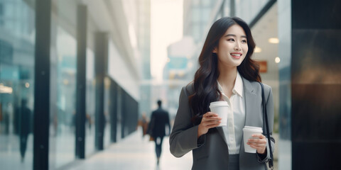 Wall Mural - A stylish Asian business woman with two white cups of coffee or tea walks down the street near a business center.