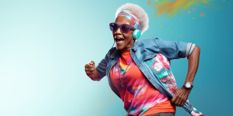 Stylish elderly African American woman wearing headphones runs against a light blue background. Empty space for product placement or advertising text.